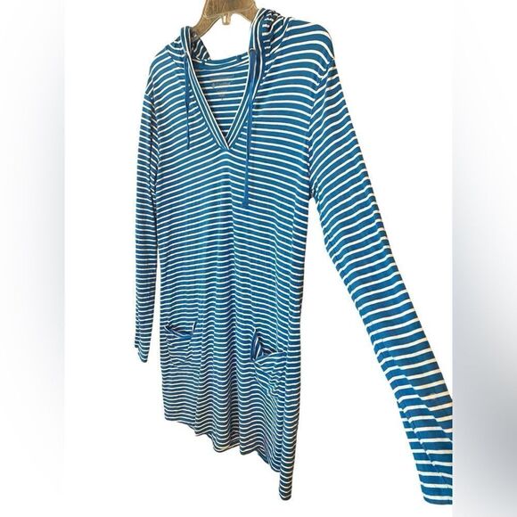 Coolibar Sz M Blue White Striped Pocket UPF 50 Hoodie Beach Swim Cover Dress - Picture 2 of 8